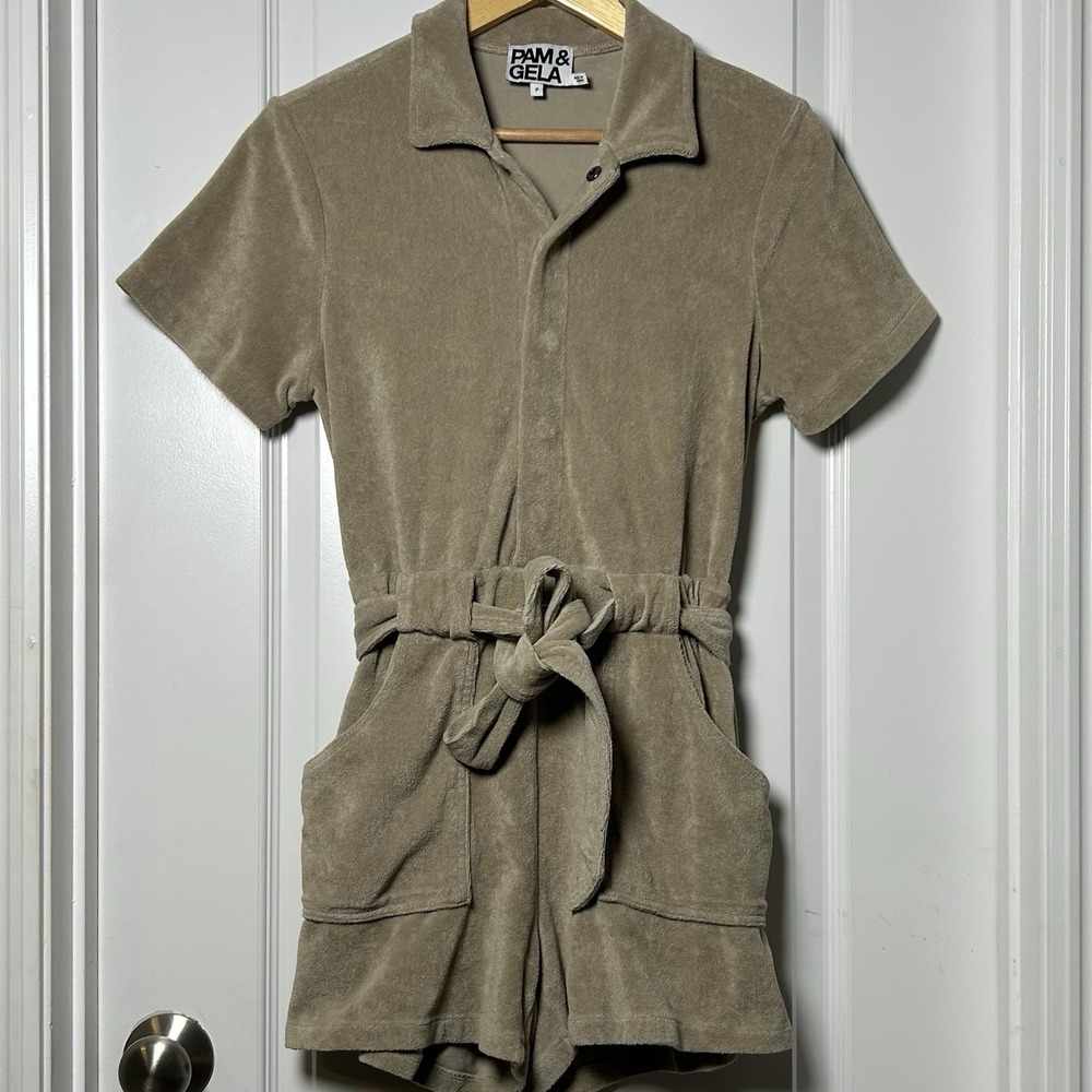 Pam & Gela‎ Taupe Terry Cloth Belted Romper Coconut Girl Resort Chic Style